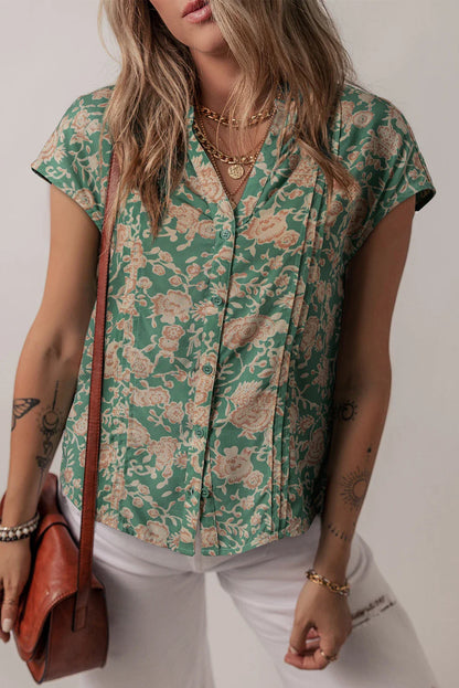 Floral Pleated Button V-Neck Short Sleeve Blouse