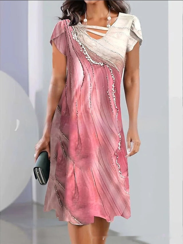 Summer European And American Ladies Casual Fashion V-neck Lace Up Printing Dress