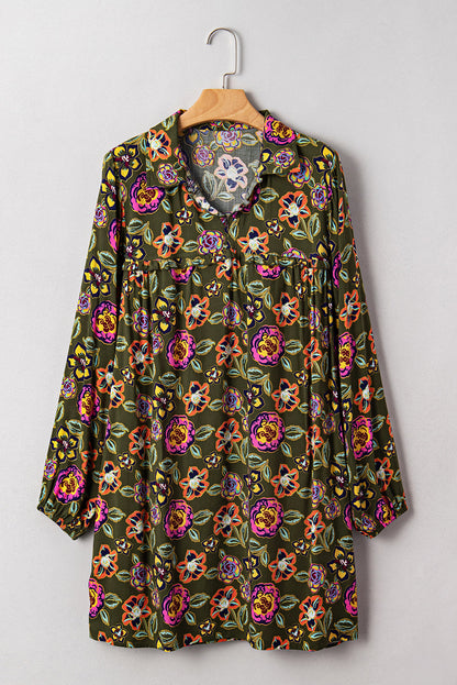 Floral Split Neck Bubble Sleeve Shift Mini Dress