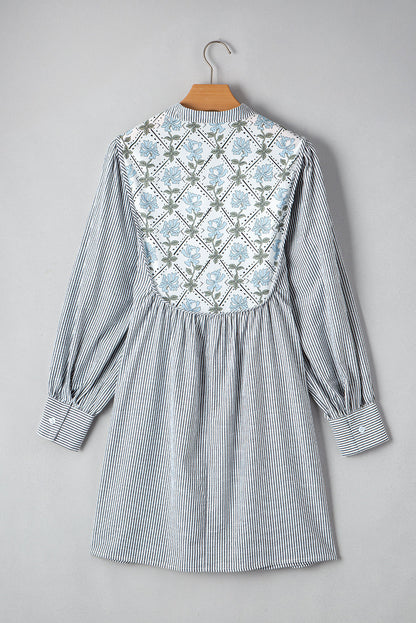 Stripe Floral Patchwork Tied V-Neck Mini Dress