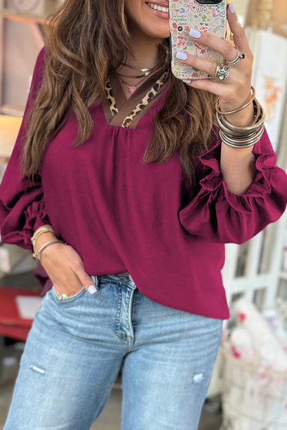Leopard Trim Flounced  3/4 Sleeve V-Neck Blouse
