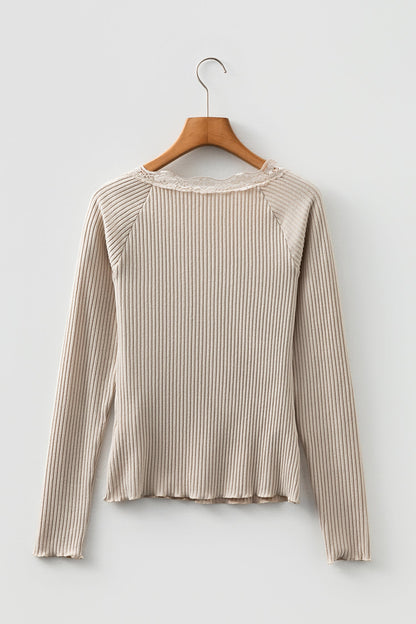 Solid Ribbed Lace Neckline Long Sleeve Top