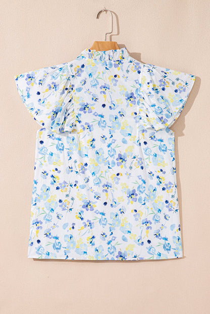 Floral Frill Notch V-Neck Blouse