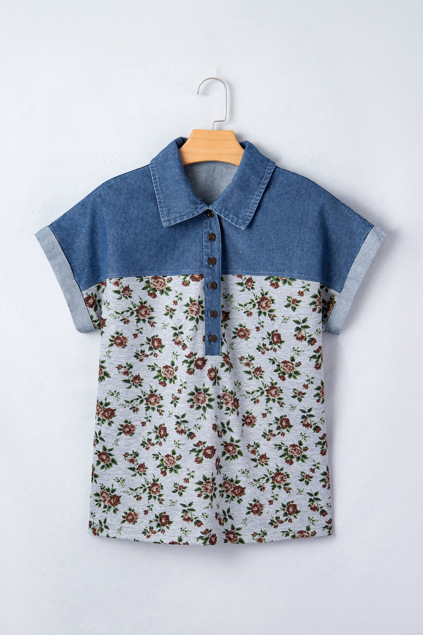 Floral Retro Denim Patchwork Button Collar Top