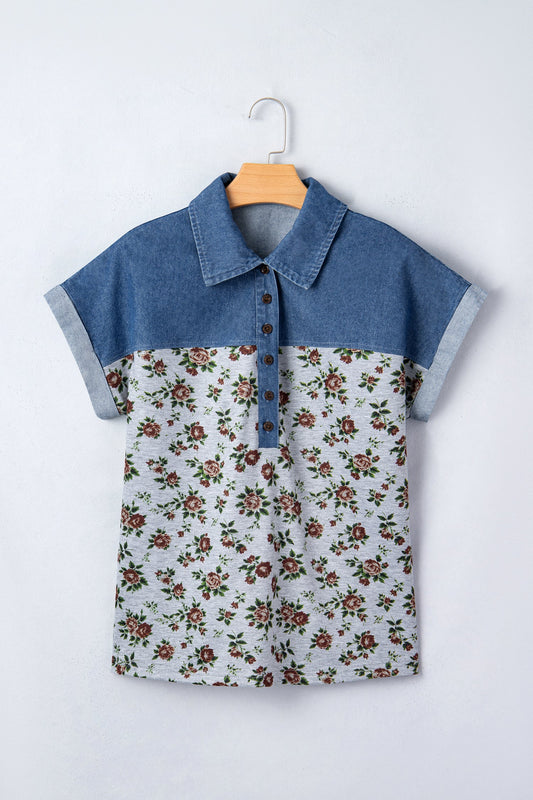 Floral Retro Denim Patchwork Button Collar Top