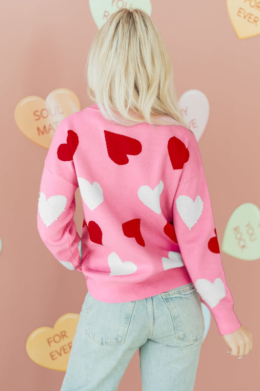 Valentine Heart Pearl Embellished Sweater