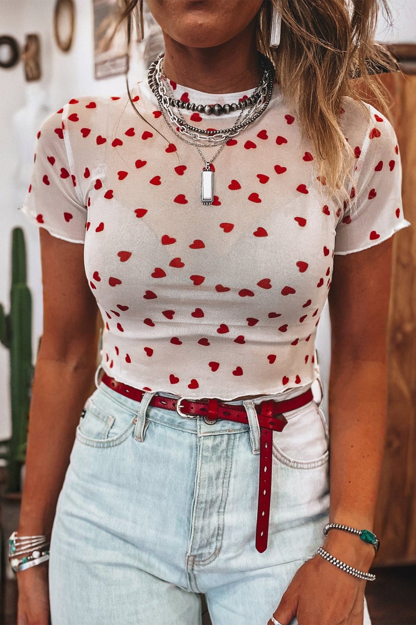 Heart Allover Mesh Short Sleeve Top