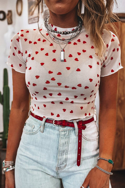 Heart Allover Mesh Short Sleeve Top