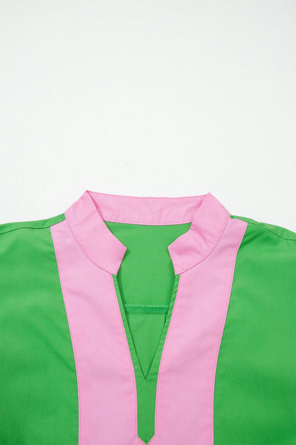 Color Block Split Neck Puff Sleeve Mini Dress