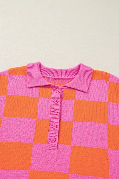 Checker Polo Collar Baggy Knit Sweater