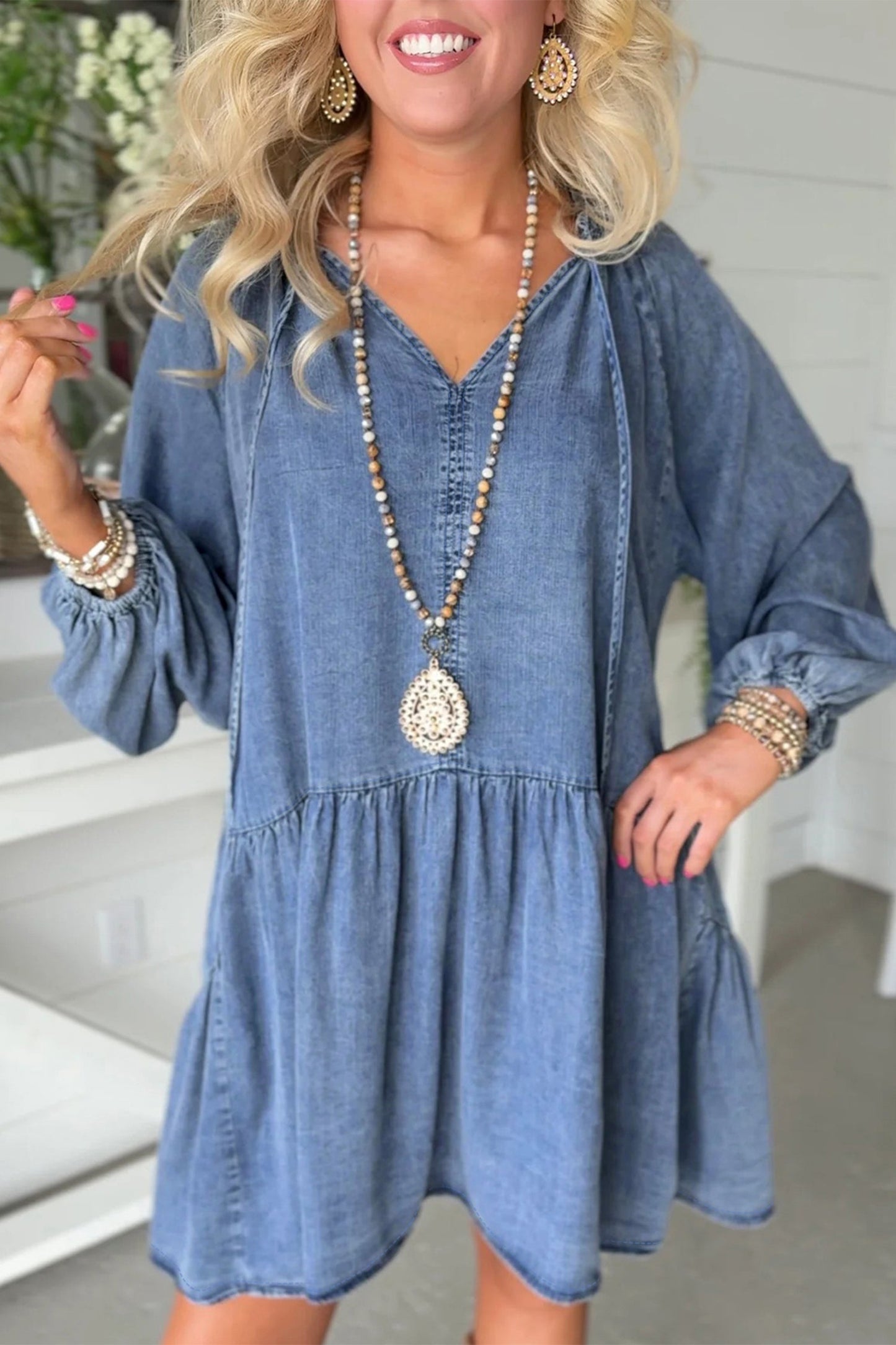 Puff Sleeve V-Neck Ruffle Denim Dress