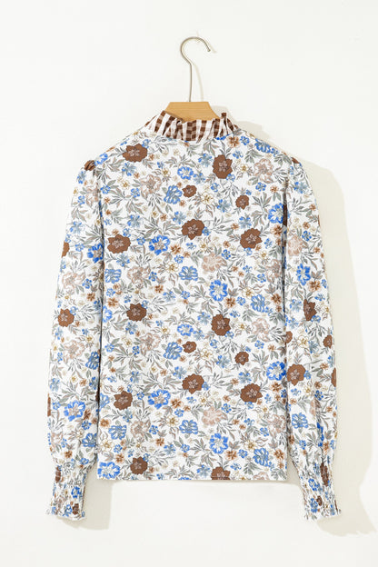 Floral Plaid Frilled Trim Long Sleeve Blouse