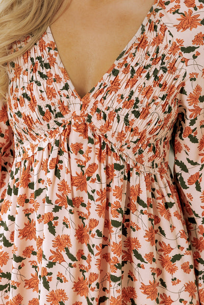 Floral Smocked V-Neck Bubble Sleeve Babydoll Dress