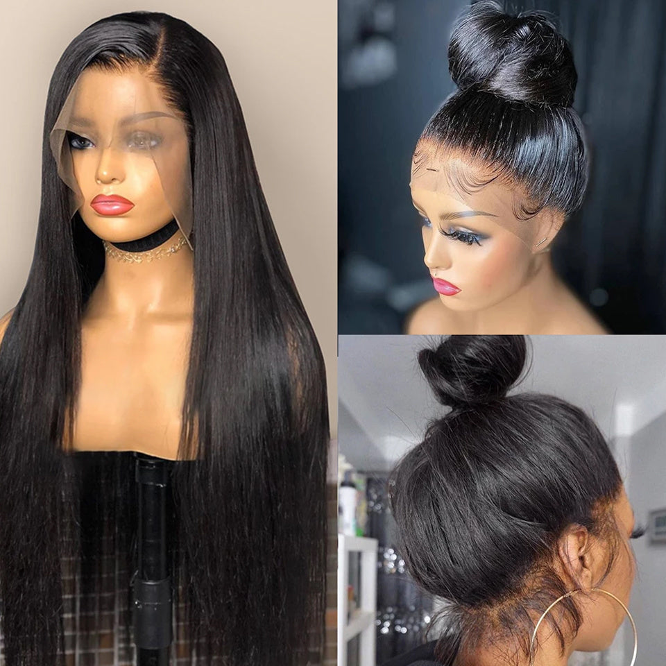 Human Hair Lace Wig Straight Black Medium Length