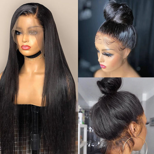 Human Hair Lace Wig Straight Black Medium Length