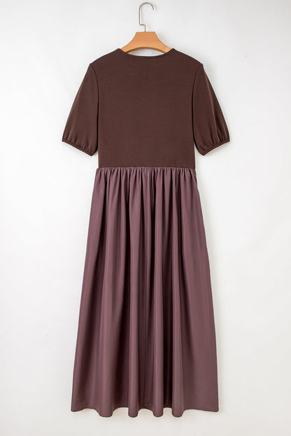 Patchwork Knit Short Sleeve Pleated Maxi Dress