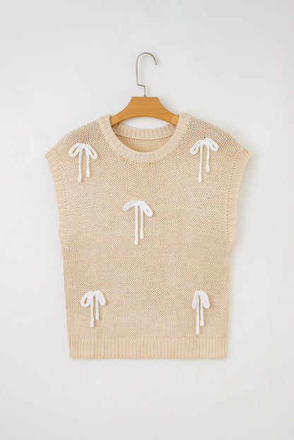 Solid Bow Tie Applique Cap Sleeve Sweater