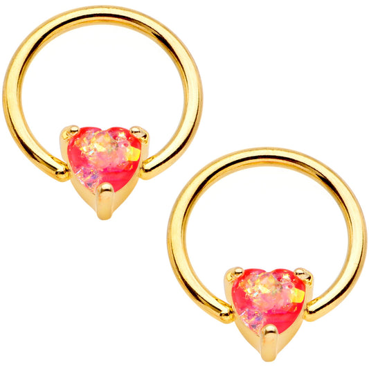 14G Coral Pink Faux Opal Heart BCR Ring Barbell Nipple Ring Set