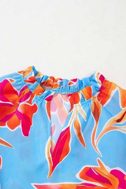 Floral V-Neck Pompom Trim Flutter Sleeve Blouse