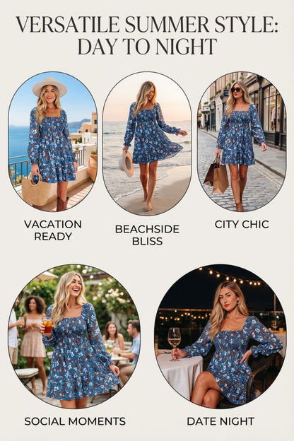 Floral Smocked Bodice Ruffle Sleeve Dress