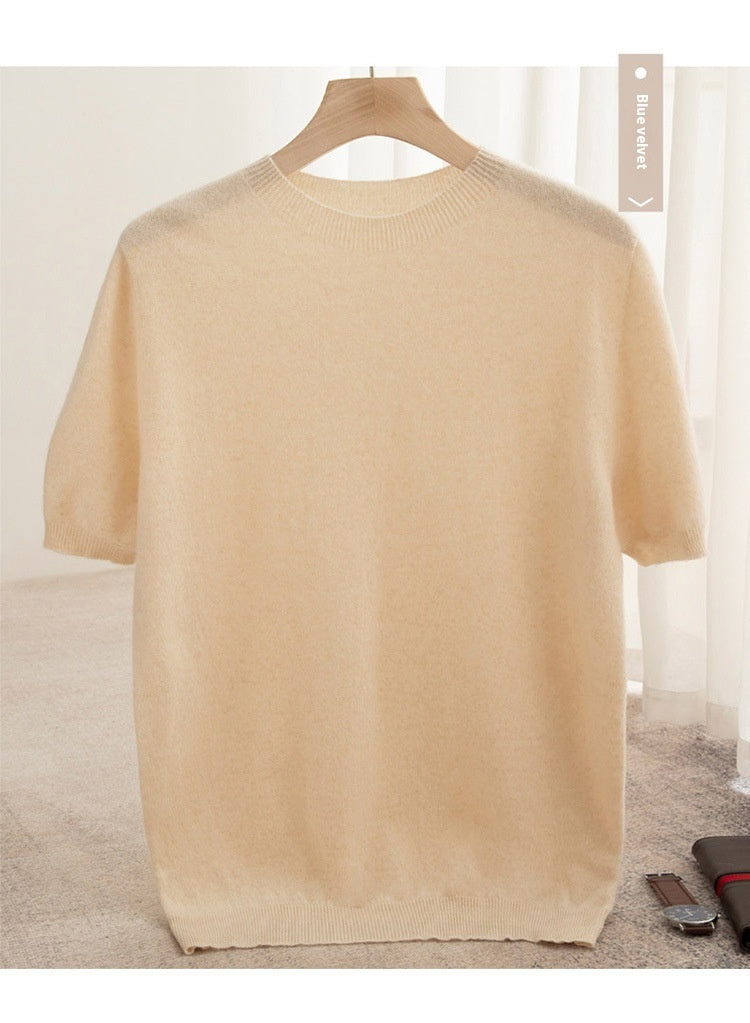 Knitted Short Sleeve Pure Wool Sweater Men's Round Neck