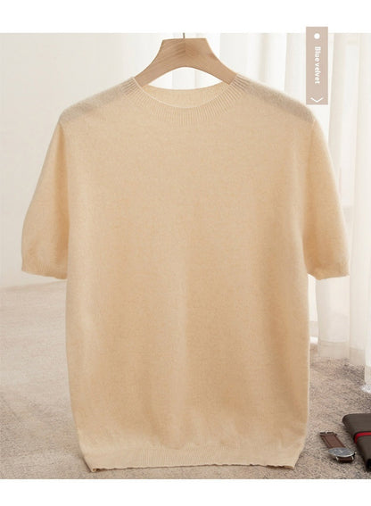 Knitted Short Sleeve Pure Wool Sweater Men's Round Neck