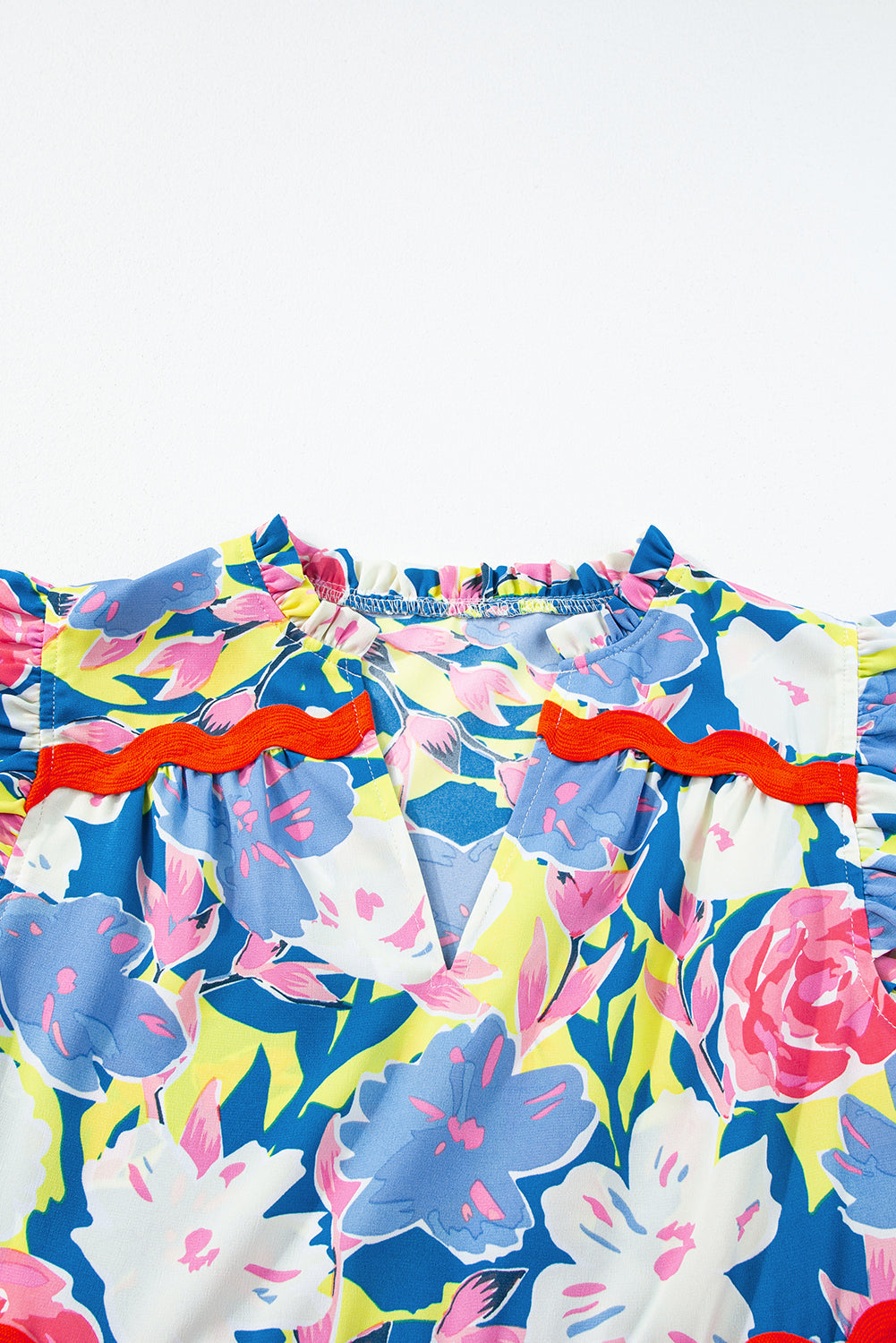 Floral V-Notch Ric-Rac Flutter Sleeve Dress