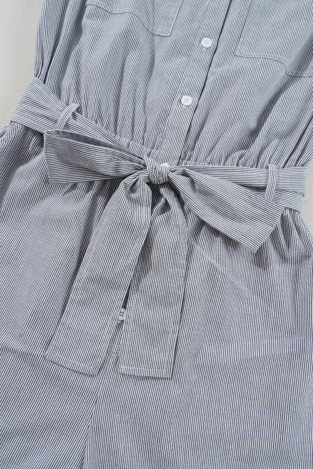 Stripe Chest Pockets Buttoned Belted High-Waist Romper