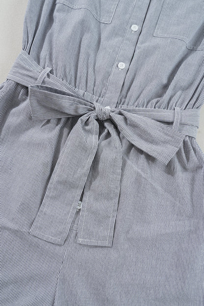Stripe Chest Pockets Buttoned Belted High-Waist Romper