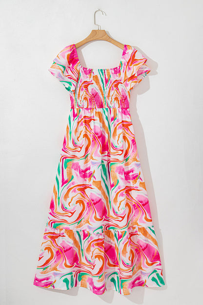 Abstract Ruffle Sleeve Smock Maxi Dress