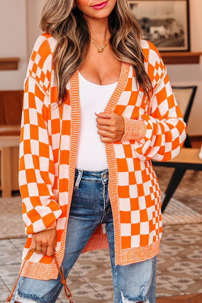 Checker Open Front Drop Shoulder Cardigan