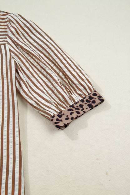 Stripe Leopard Trim V-Neck Buttoned Short Sleeve Shirt