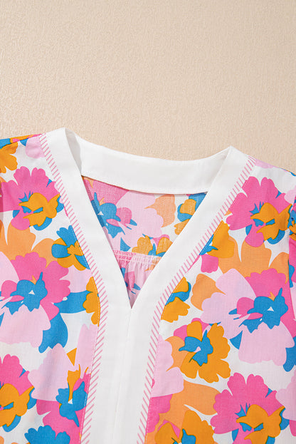 Floral Colorblock Stripe V-Neck Short Sleeve Blouse