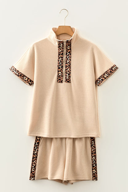 Leopard Trim Half-Zip Top and Shorts Set