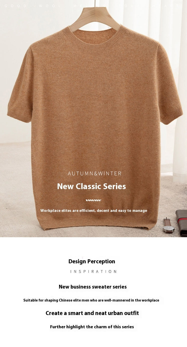 Knitted Short Sleeve Pure Wool Sweater Men's Round Neck