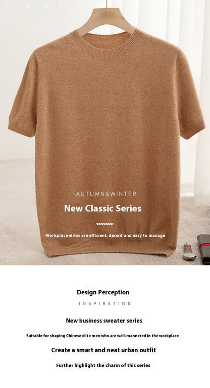 Knitted Short Sleeve Pure Wool Sweater Men's Round Neck