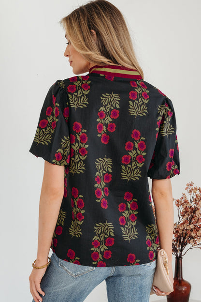 Floral Short Bubble Sleeve Contrast Slit Blouse