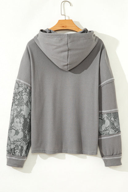 Stripe Waffle Patchwork Hooded Long Sleeve Top