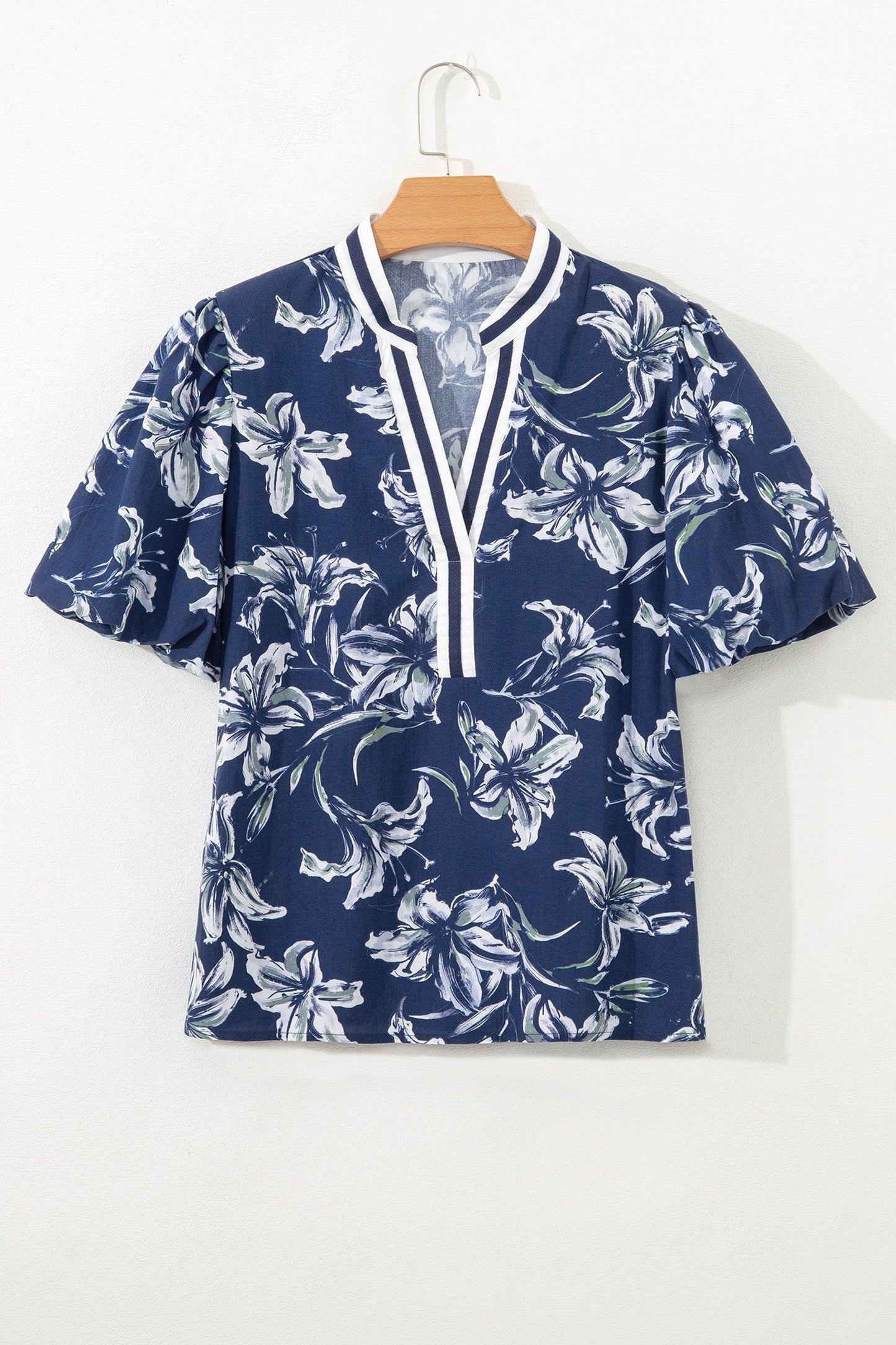Floral Stripe Trim V-Neck Blouse