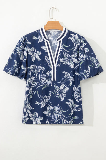 Floral Stripe Trim V-Neck Blouse