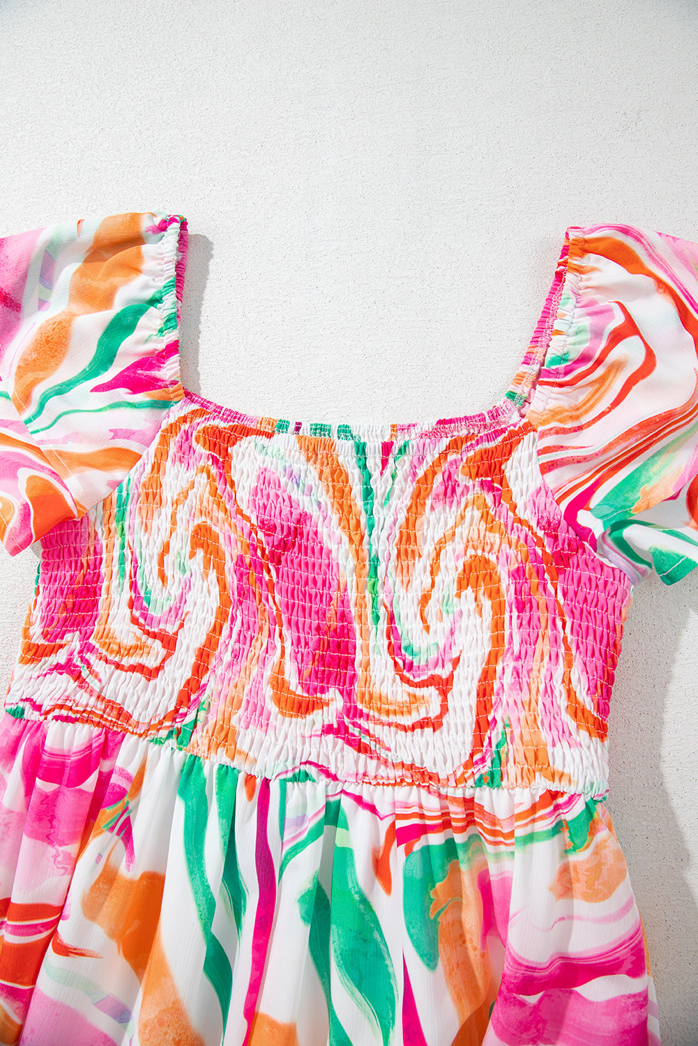 Abstract Ruffle Sleeve Smock Maxi Dress