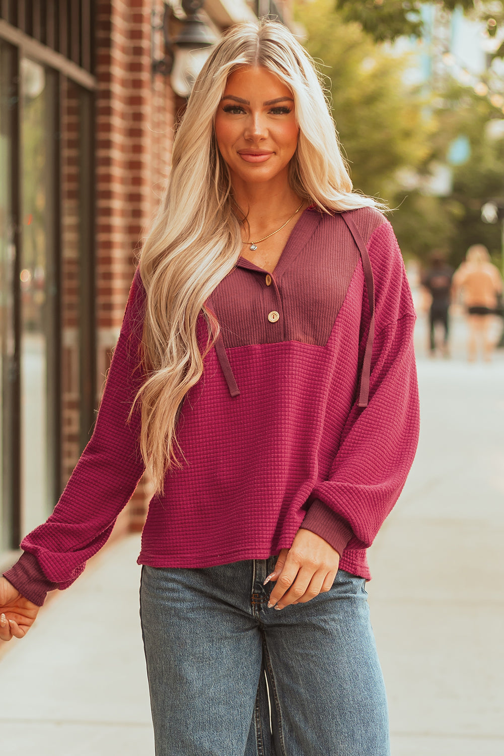 Waffle Patchwork Drop Shoulder Long Sleeve Hooded Top