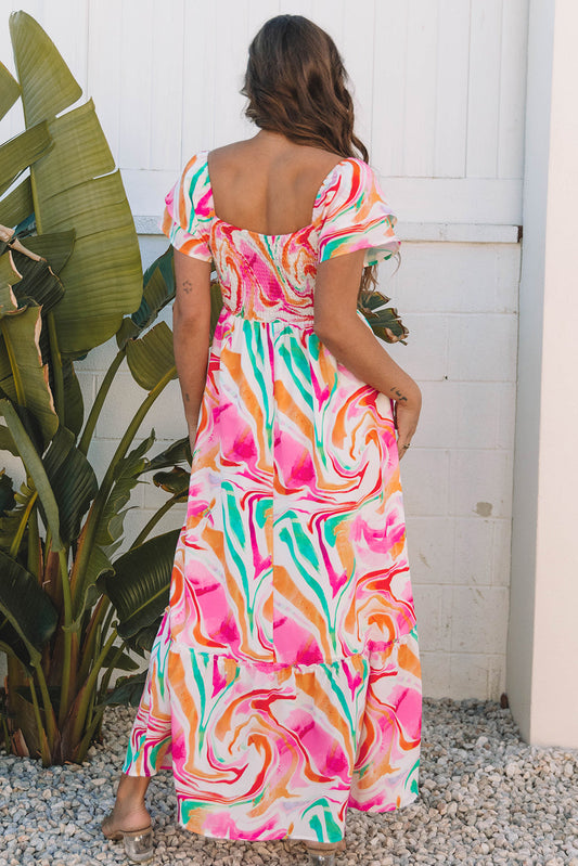 Abstract Ruffle Sleeve Smock Maxi Dress