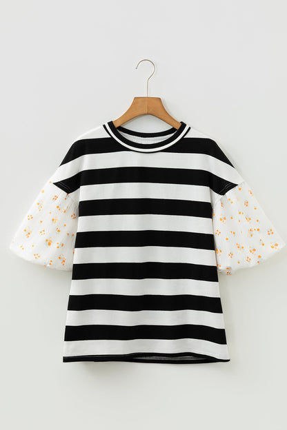 Floral Stripe Puff Sleeve Patchwork Blouse