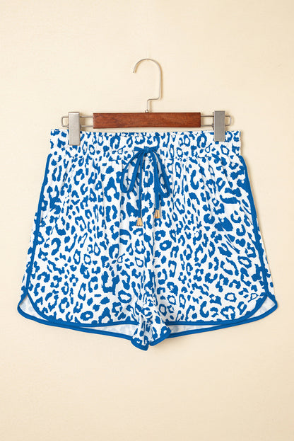 Leopard Lace-Up Contrast Trim Elastic Waistband Casual Shorts