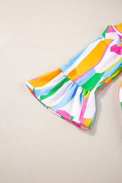 Abstract Ruffle Sleeve V-Neck Dress