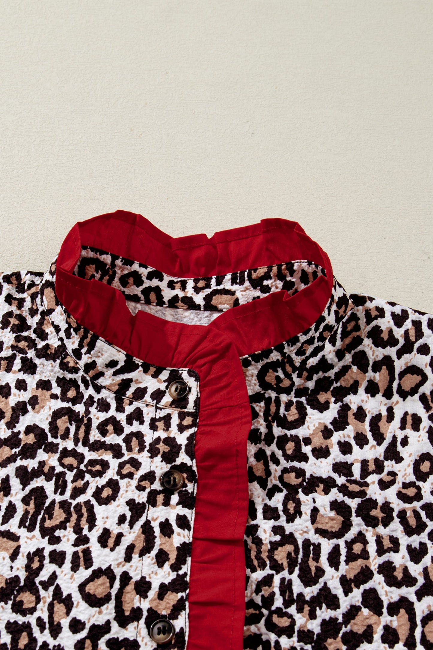 Leopard Contrast Frill V-Neck Trim Shirt