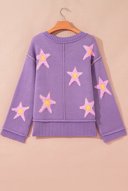 Star Graphic V-Neck Drop Shoulder Oversized Sweater