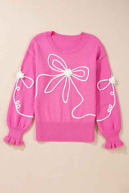 Valentine Bow Corded Embroidery Ruffle Cuff Sweater