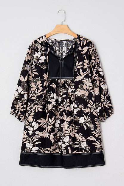 Floral Patchwork Split Neck 3/4 Sleeve Mini Dress